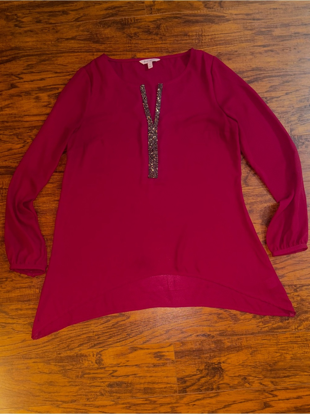Juicy Couture Rhinestone Embellished Blouse Semi-Sheer Red Wine Sequin Tunic Top